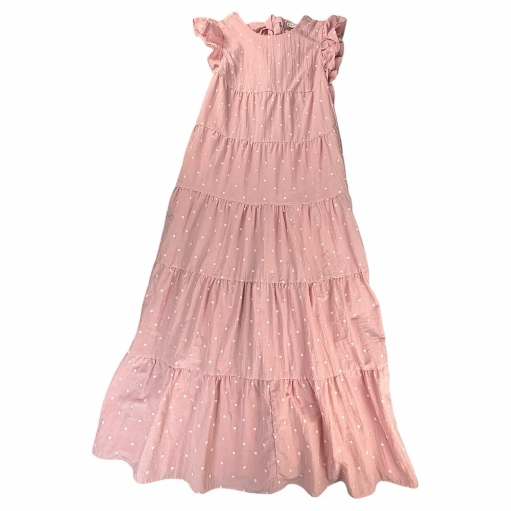 English Factory Women's Pink Polka Dot Tiered Maxi Dress W/Tie Back Size Small - Picture 2 of 13